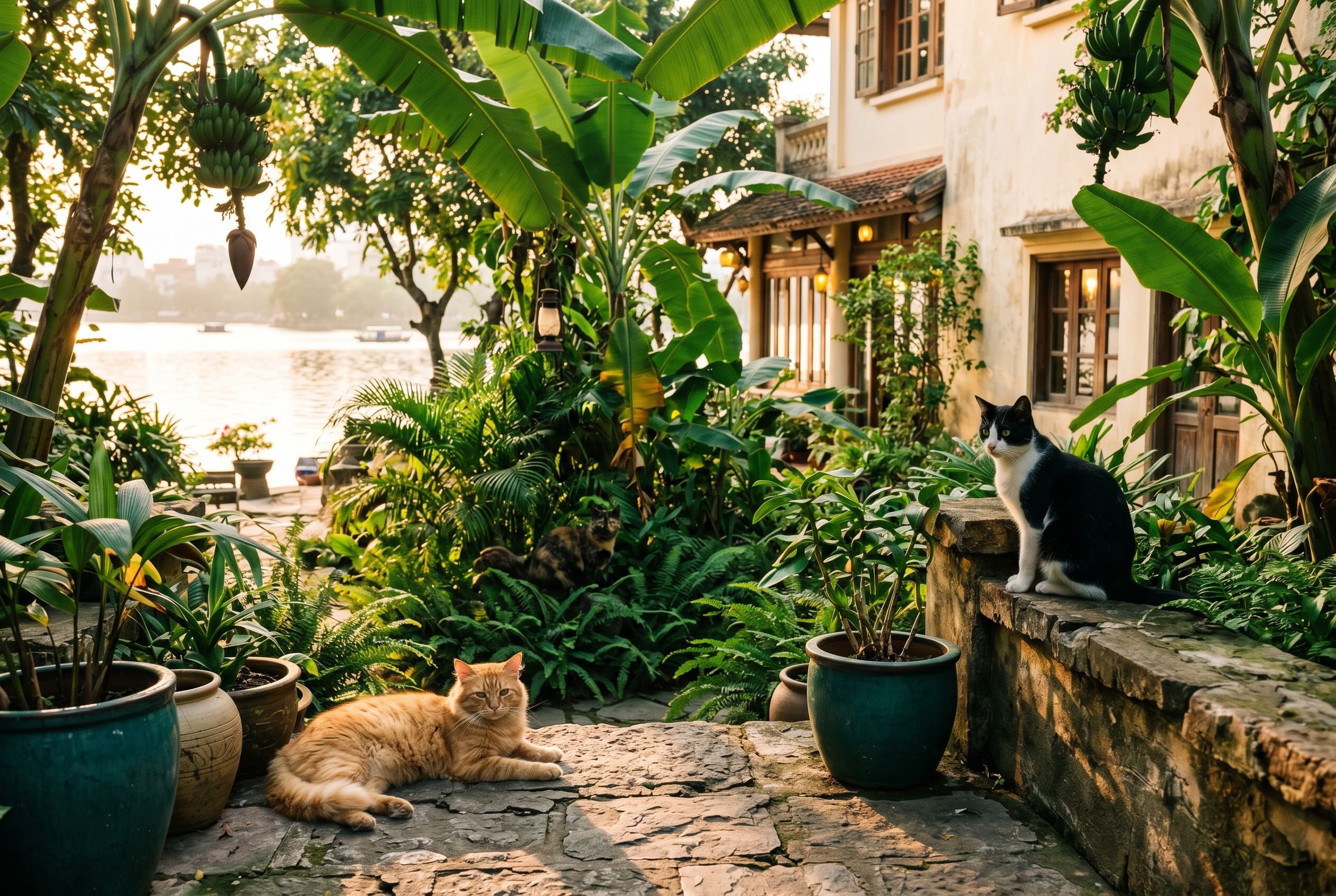 Three cats + a garden, Tay Ho lakeside